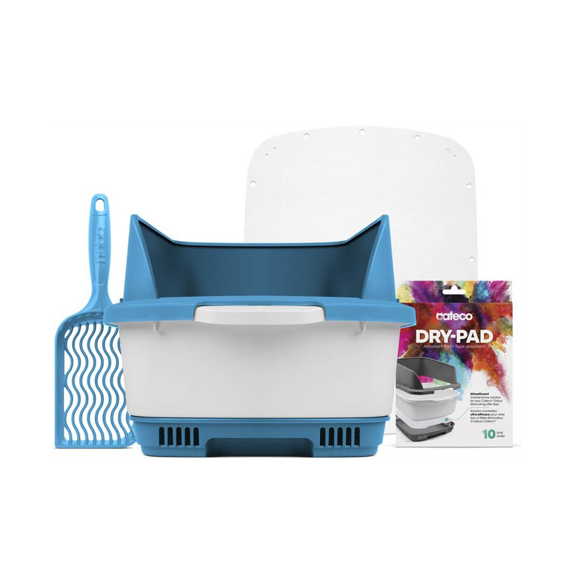 Bac à litière bleu et blanc présenté avec une pelle et ses accessoires sur fond blanc.