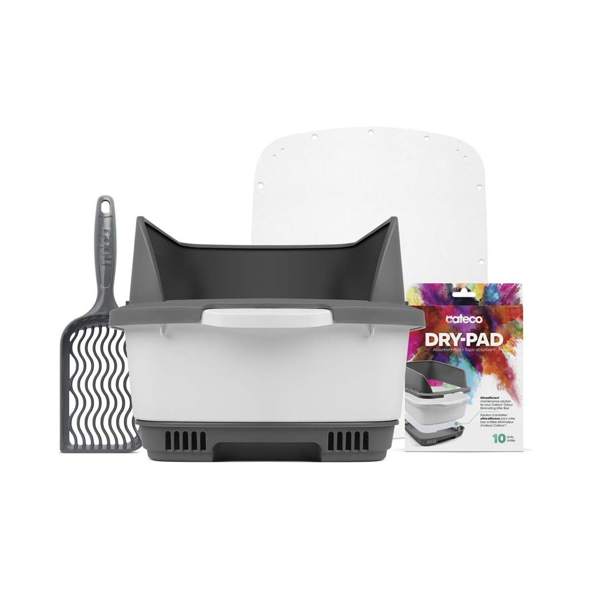 Bac à litière gris et blanc présenté sur fond blanc avec une pelle et ses accessoires.