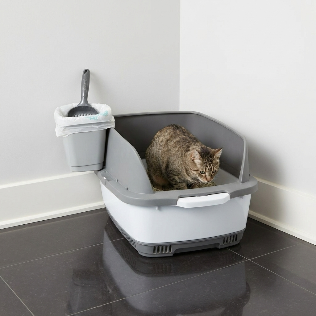 Chat tigré accroupi dans un bac à litière gris et blanc installé dans un coin de la pièce.