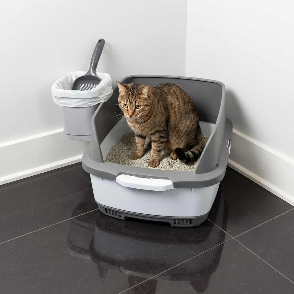 Chat tigré debout dans un bac à litière gris et blanc avec une pelle sur le côté.