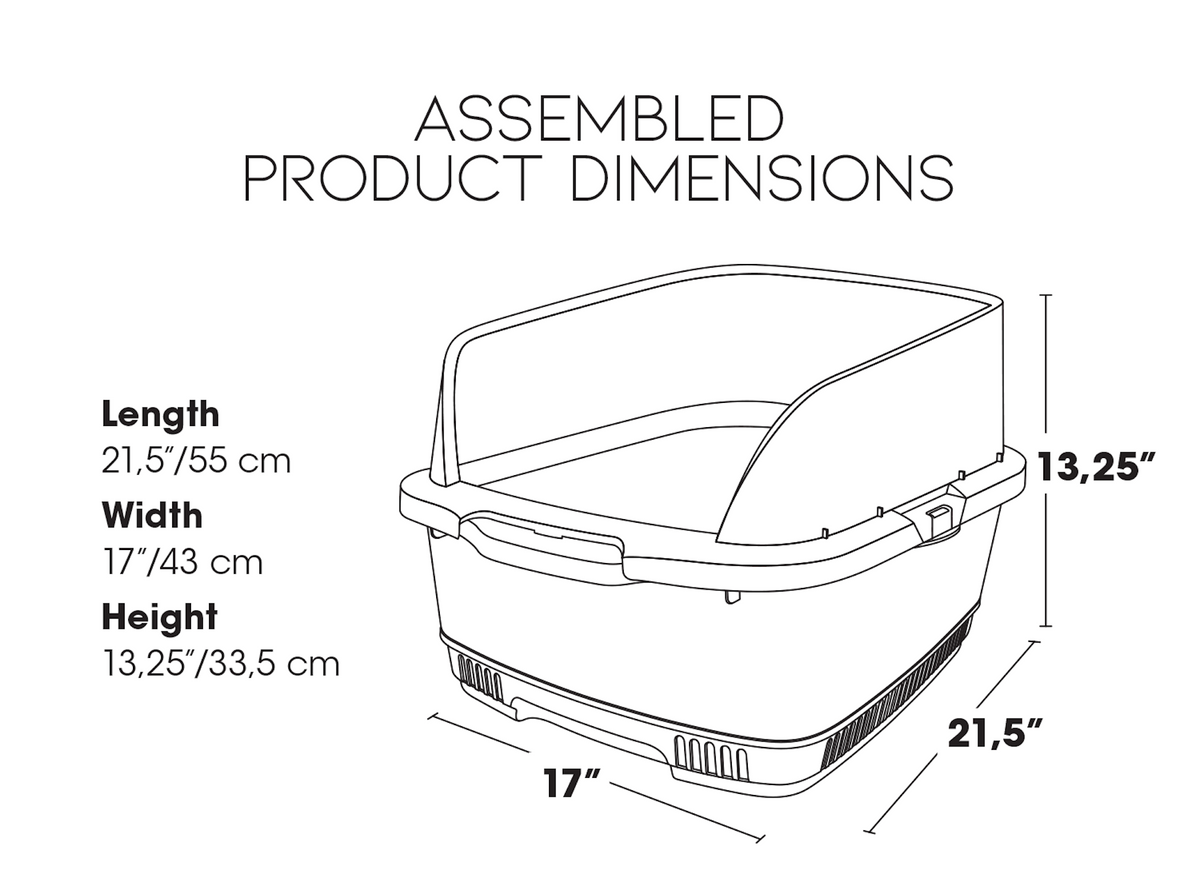 Schéma du bac à litière indiquant ses dimensions une fois assemblé.