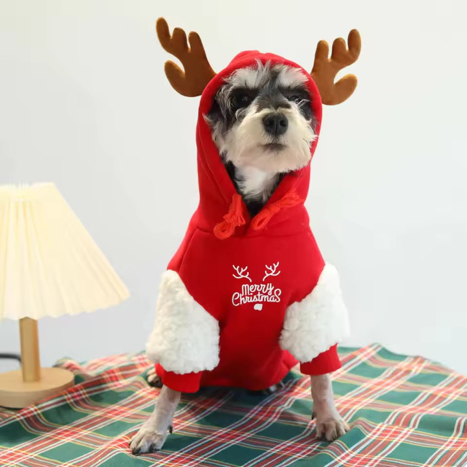 Hoodie de Noël Renne pour chien – Pull à capuche rouge et blanc